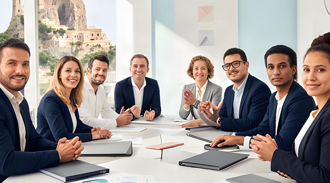 Professionisti HR riuniti attorno a un tavolo a Taormina, con documenti organizzativi e palette aziendale blu