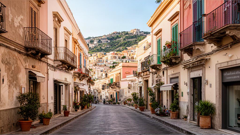 Strada del centro storico di Taormina con facciate siciliane e insegne locali