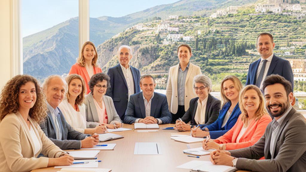 Team di consulenti HR riunito in una sala luminosa a Taormina, con documenti di lavoro e vista sulle colline siciliane